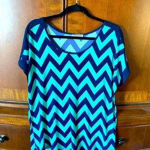 Blue and teal chevron blouse. Stretchy knit fabric.
